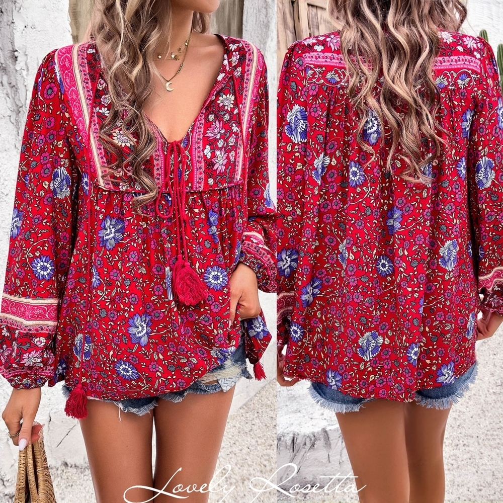 Floral Aqua Bohemian Blouse with Tassels - Picture 8 of 9